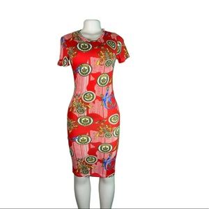 Red print mini dress with waist pack